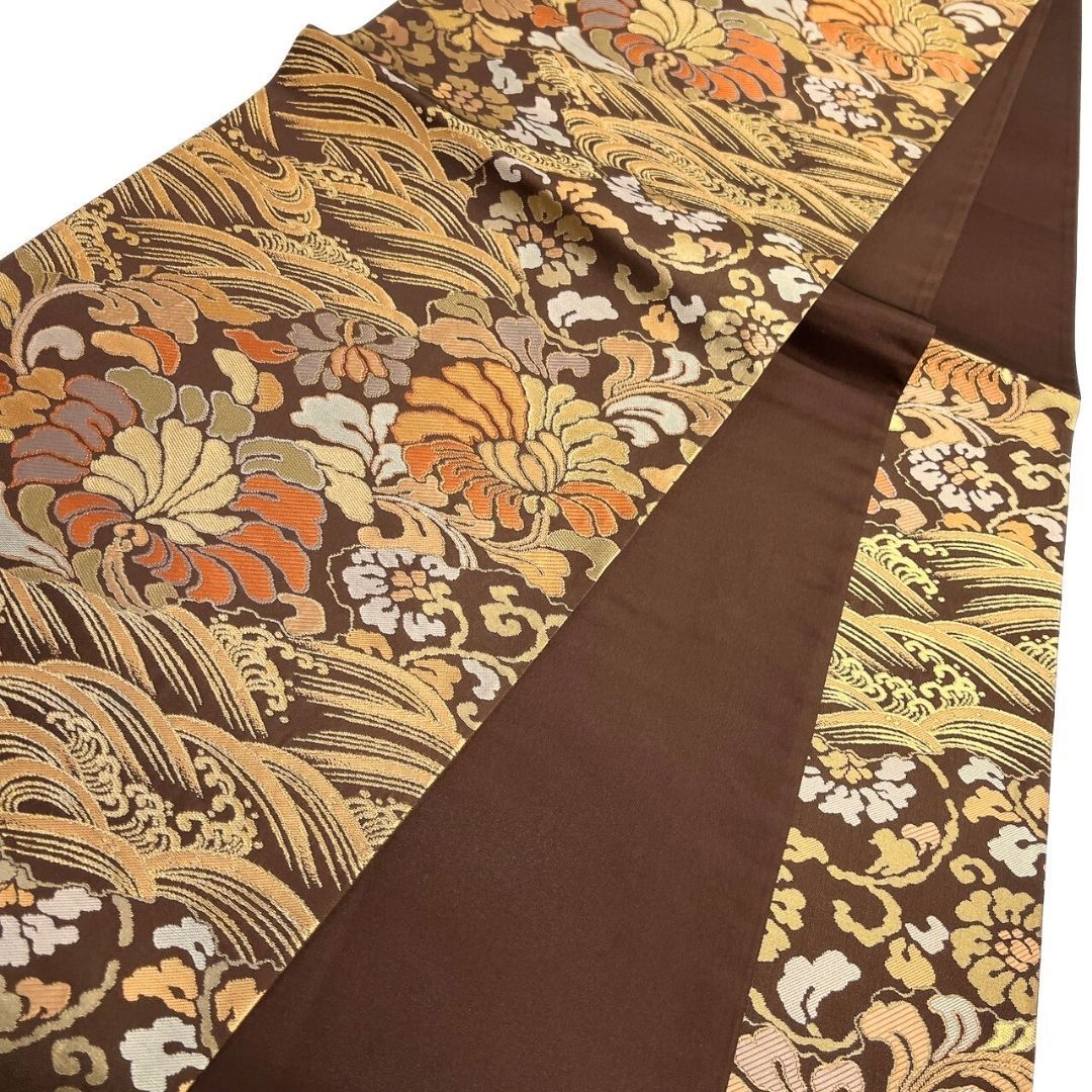 袋帯 唐花模様 波模様 チョコレートカラー 金糸 着物 121b p ms - メルカリ