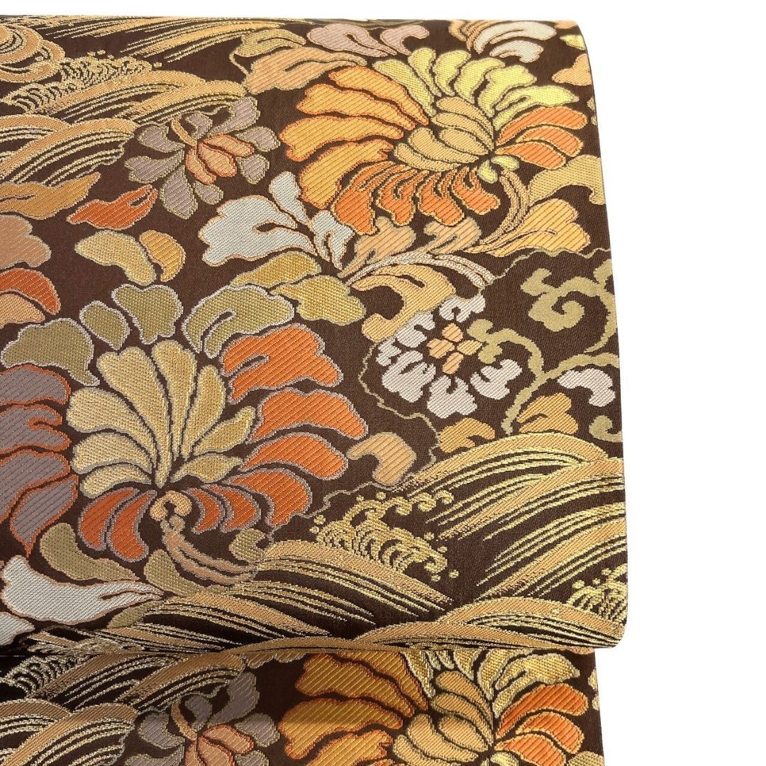袋帯 唐花模様 波模様 チョコレートカラー 金糸 着物 121b p ms - メルカリ