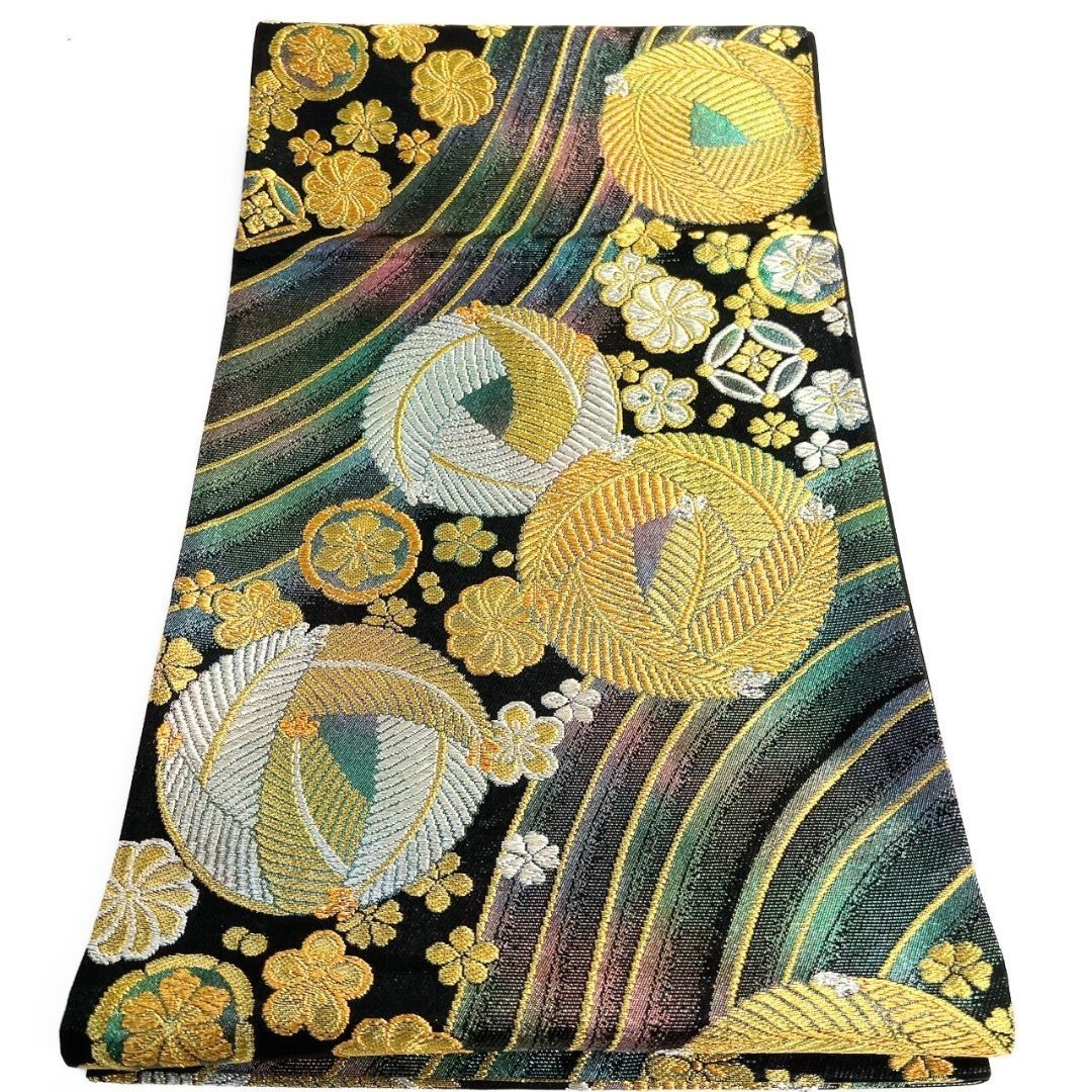 袋帯 振袖帯 大王松 七宝 花模様 金糸 錦糸 着物 121 b p ms