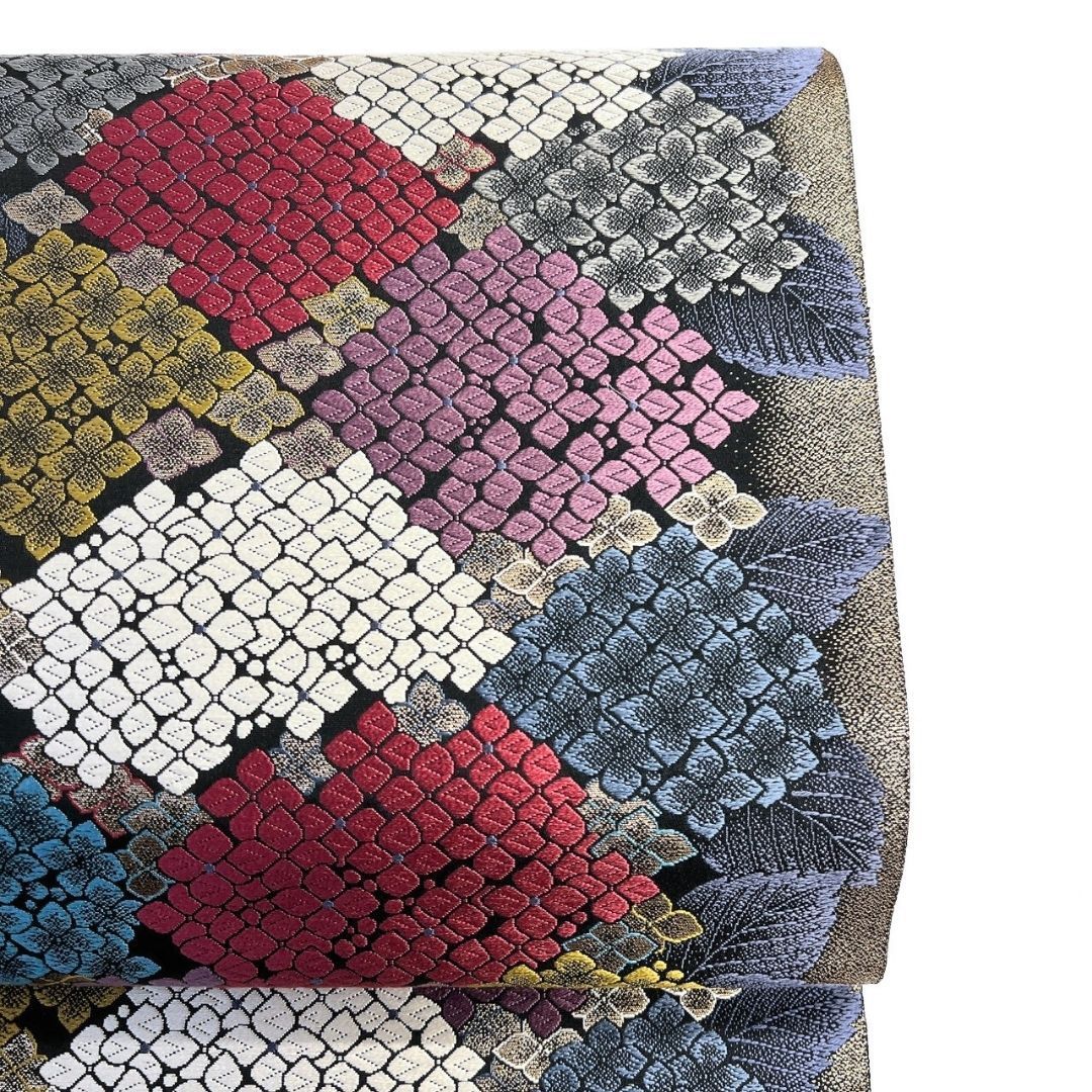 ぴあのママ　✰✰河合織物 袋帯 未使用★美★ 袋帯 紫陽花 あじさい 花模様 金糸 ダークトーン 着物 121b p ms