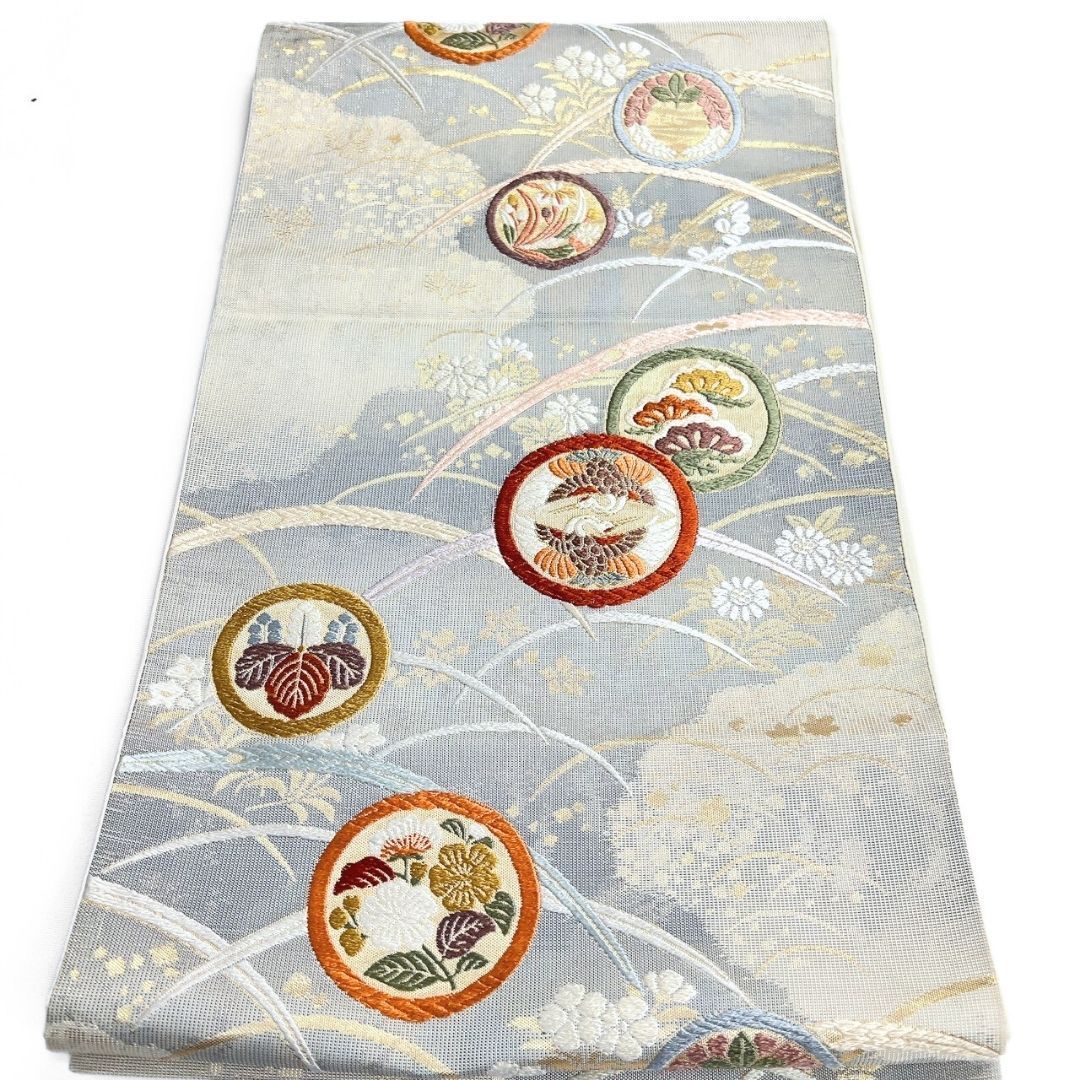 袋帯 花紋 双鶴紋 花模様 萩 金糸 着物 121 b p ms