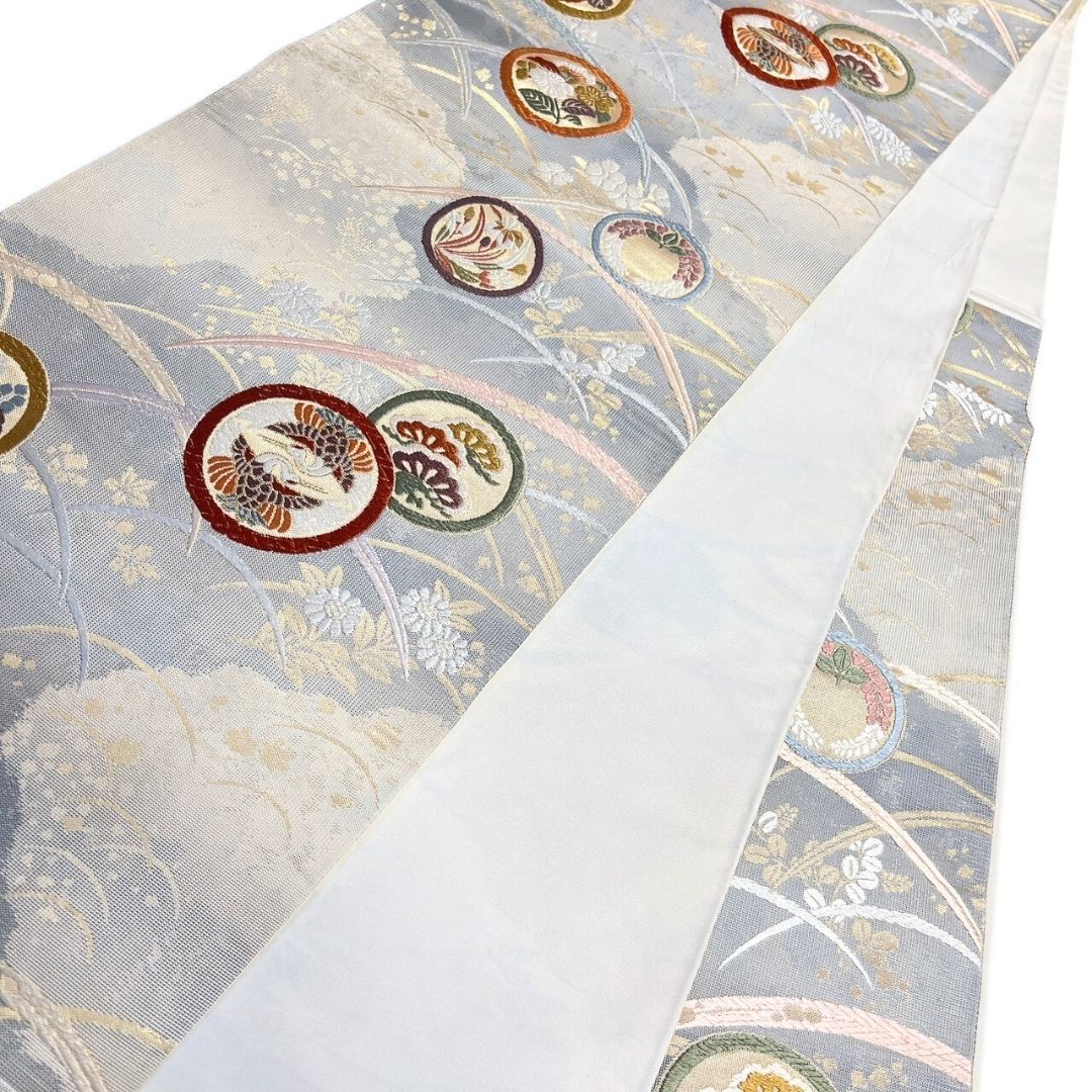  袋帯 花紋 双鶴紋 花模様 萩 金糸 着物 121 b p ms 袋帯 帯