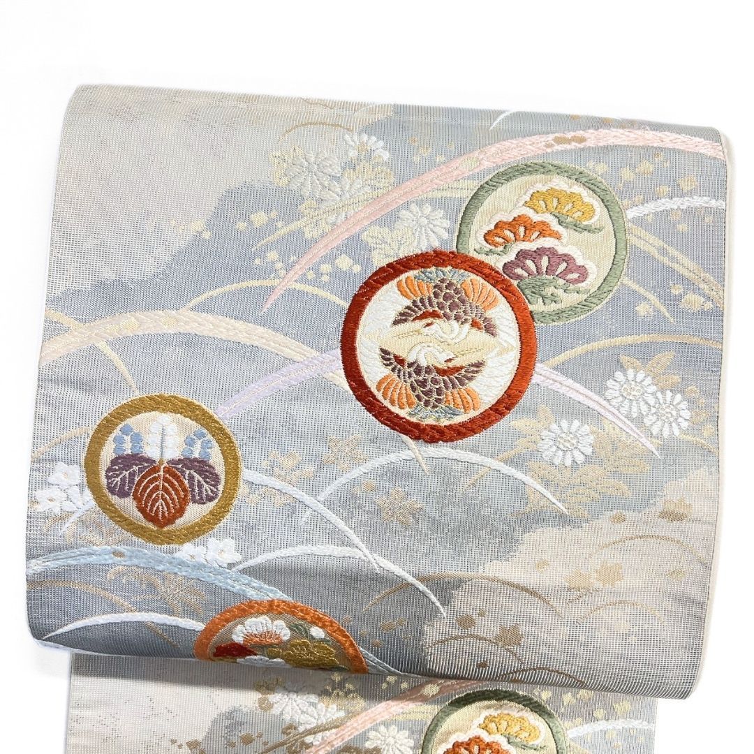 袋帯 花紋 双鶴紋 花模様 萩 金糸 着物 121 b p ms