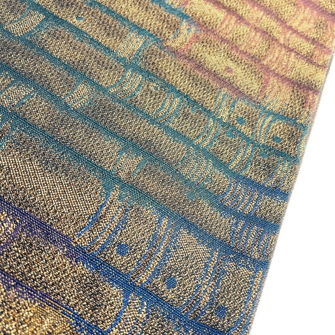  未着用 袋帯 全通 横縞 ドット くすみゴールド 金糸 着物 121 b p ms 袋帯 帯