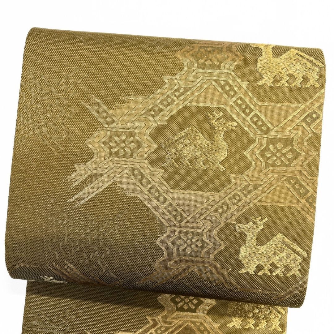 袋帯 有栖川 鹿 金糸 花菱 カーキ 着物 121 b p ms