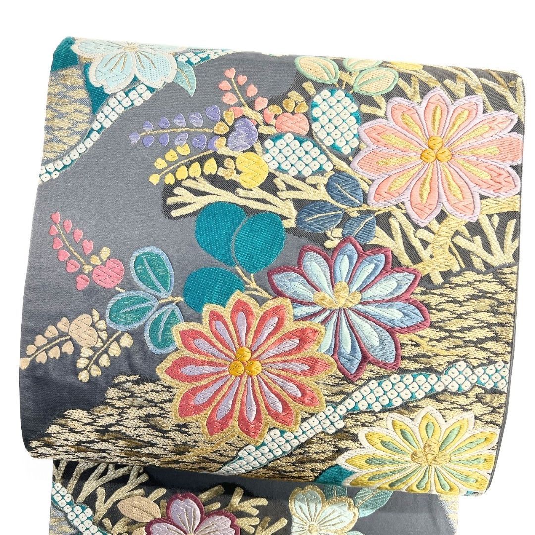 袋帯 菊柴垣文 唐織 菊花 桜花 萩 金糸 着物 121 b p ms