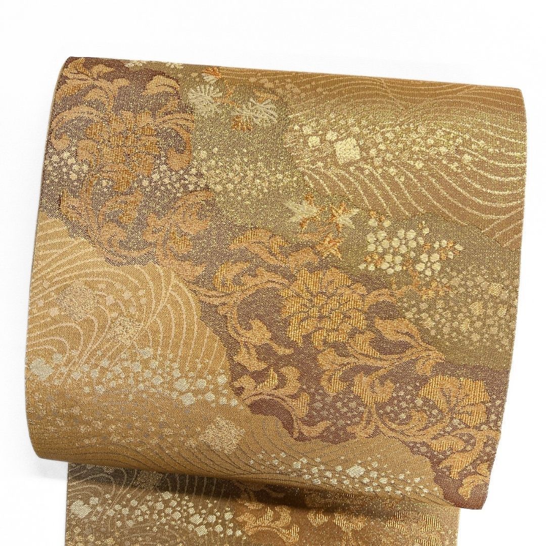 袋帯 霞取り 唐花模様 散らし色紙 流線 金糸 着物 121b p ms - メルカリ