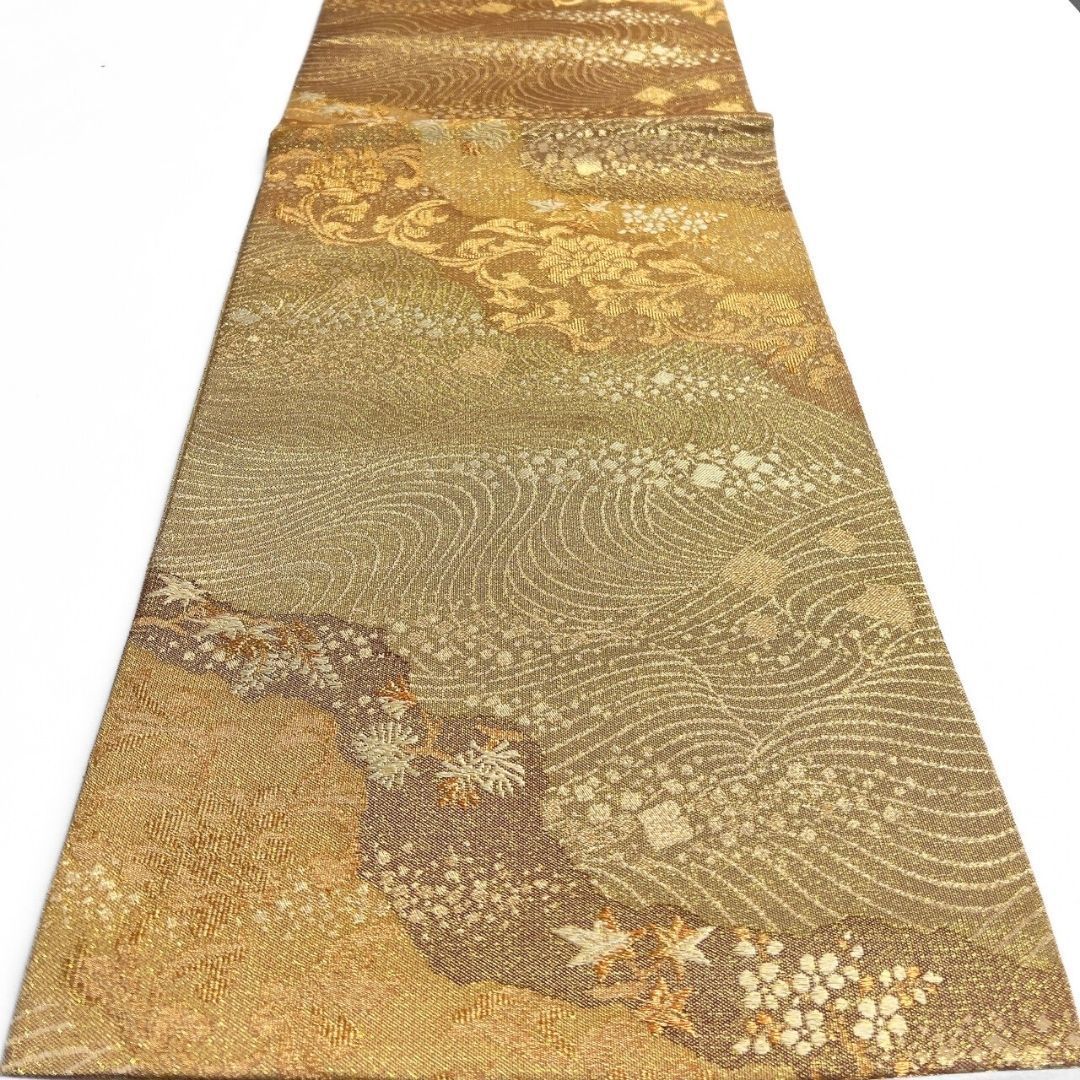 袋帯 霞取り 唐花模様 散らし色紙 流線 金糸 着物 121b p ms - メルカリ