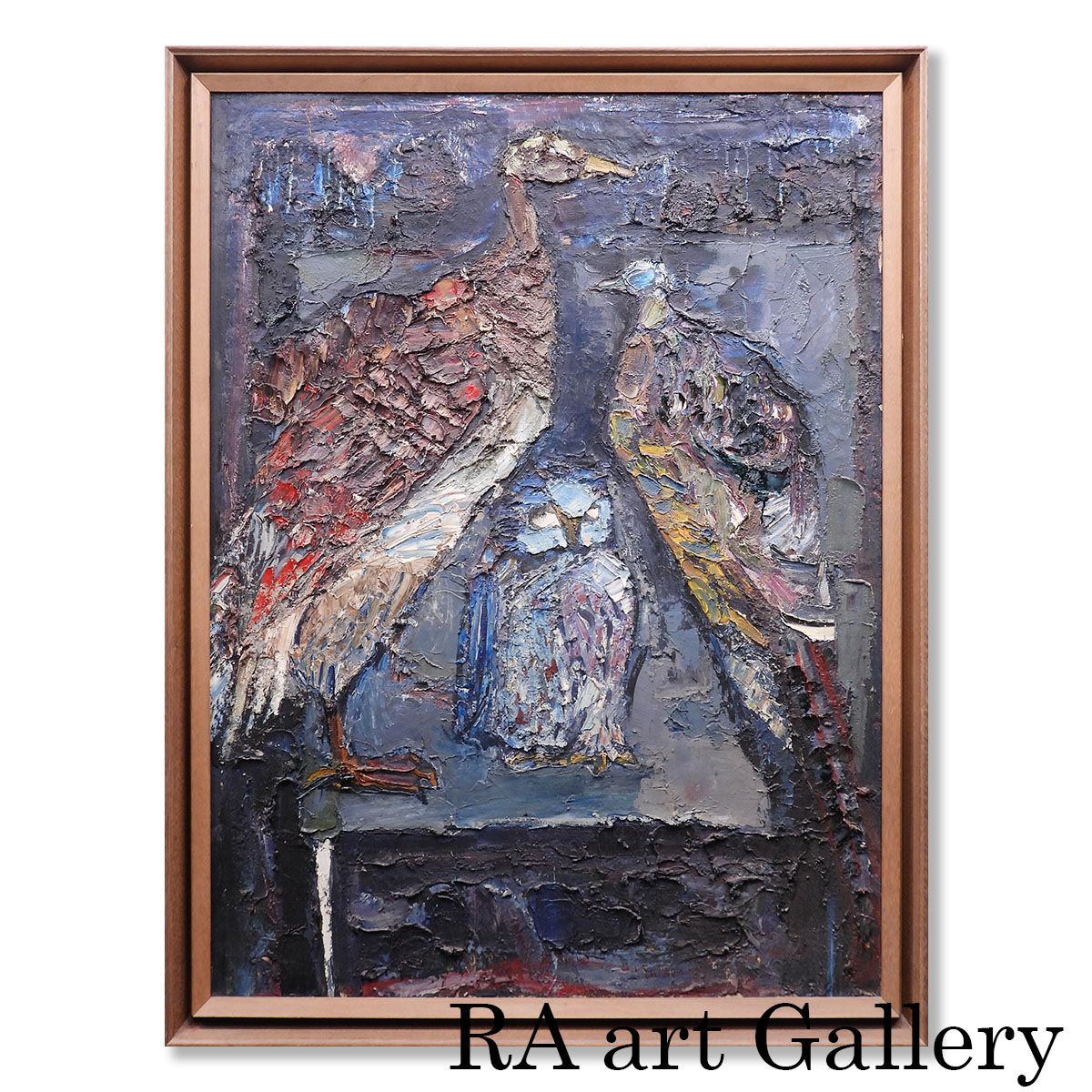 絵画　福鳥 福島瑞穂 卸売 机上三羽 油彩60号 動物画 鳥 ふくろう 孔雀 美術館所蔵