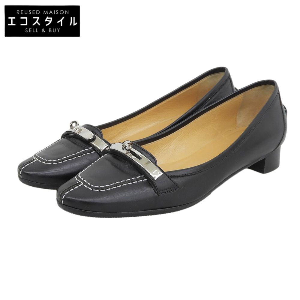 HERMES エルメス ケリーバックル ホワイトステッチ ローヒールパンプス シューズ レディース ブラック×シルバー 36
