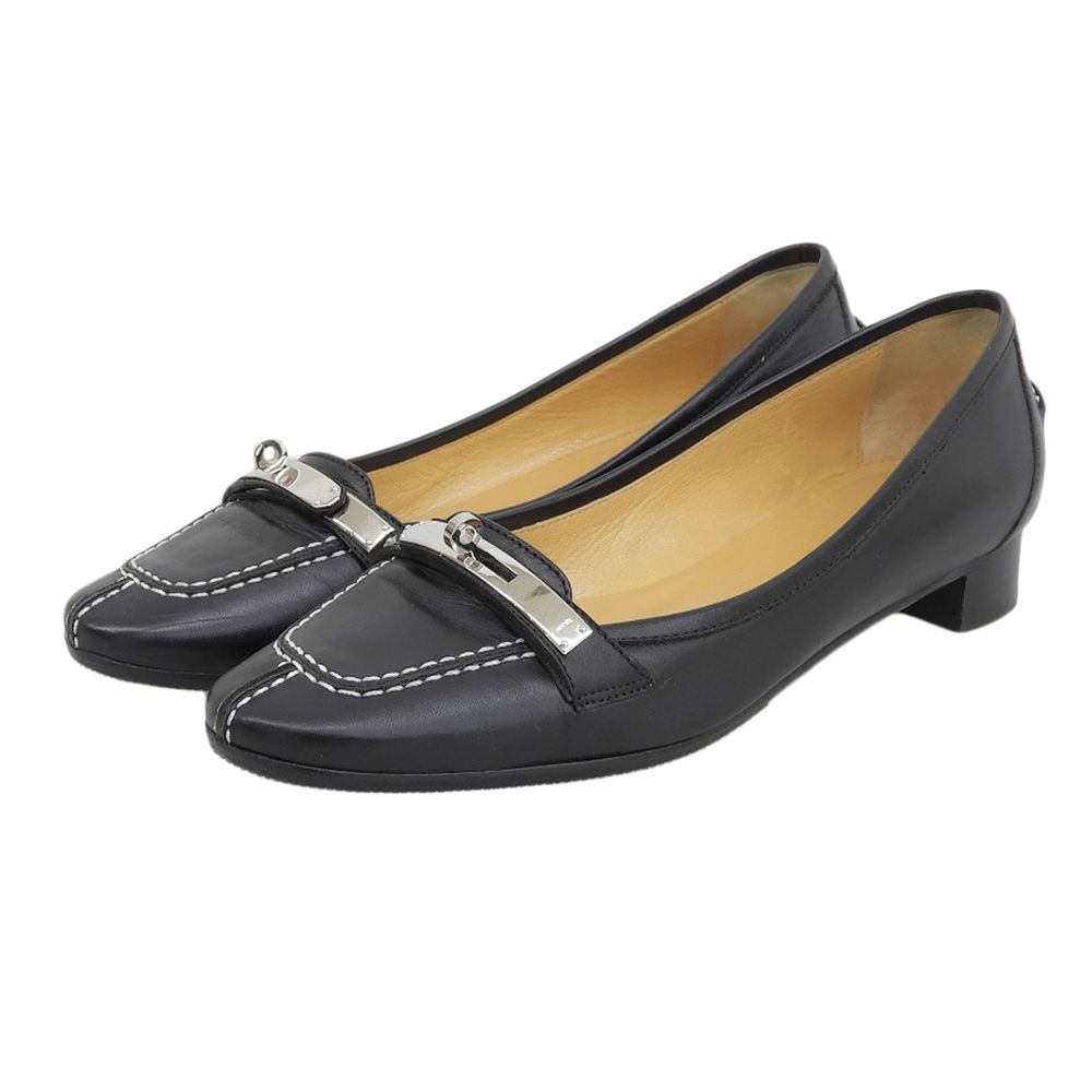 HERMES エルメス ケリーバックル ホワイトステッチ ローヒールパンプス シューズ レディース ブラック×シルバー 36