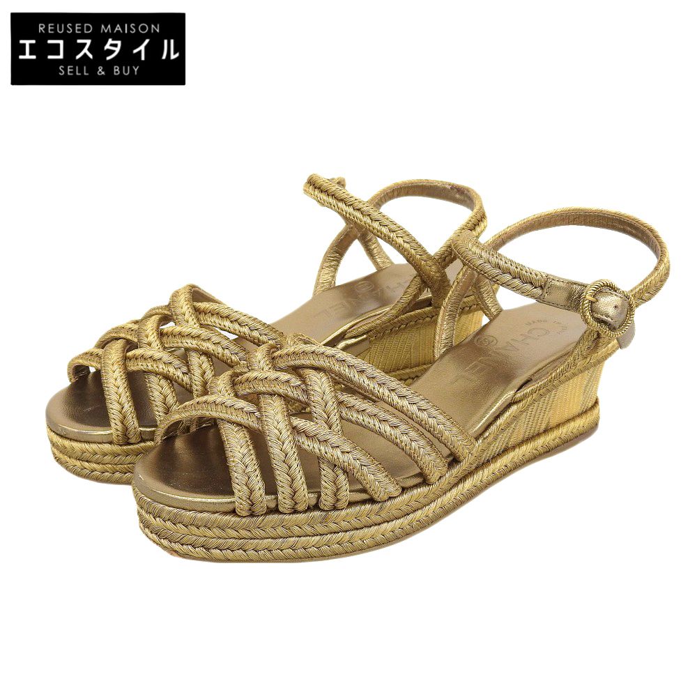 CHANEL シャネル メタルココマーク 編み込み ウェッジソールサンダル エスパドリーユ レディース ゴールド 36 C G 28947