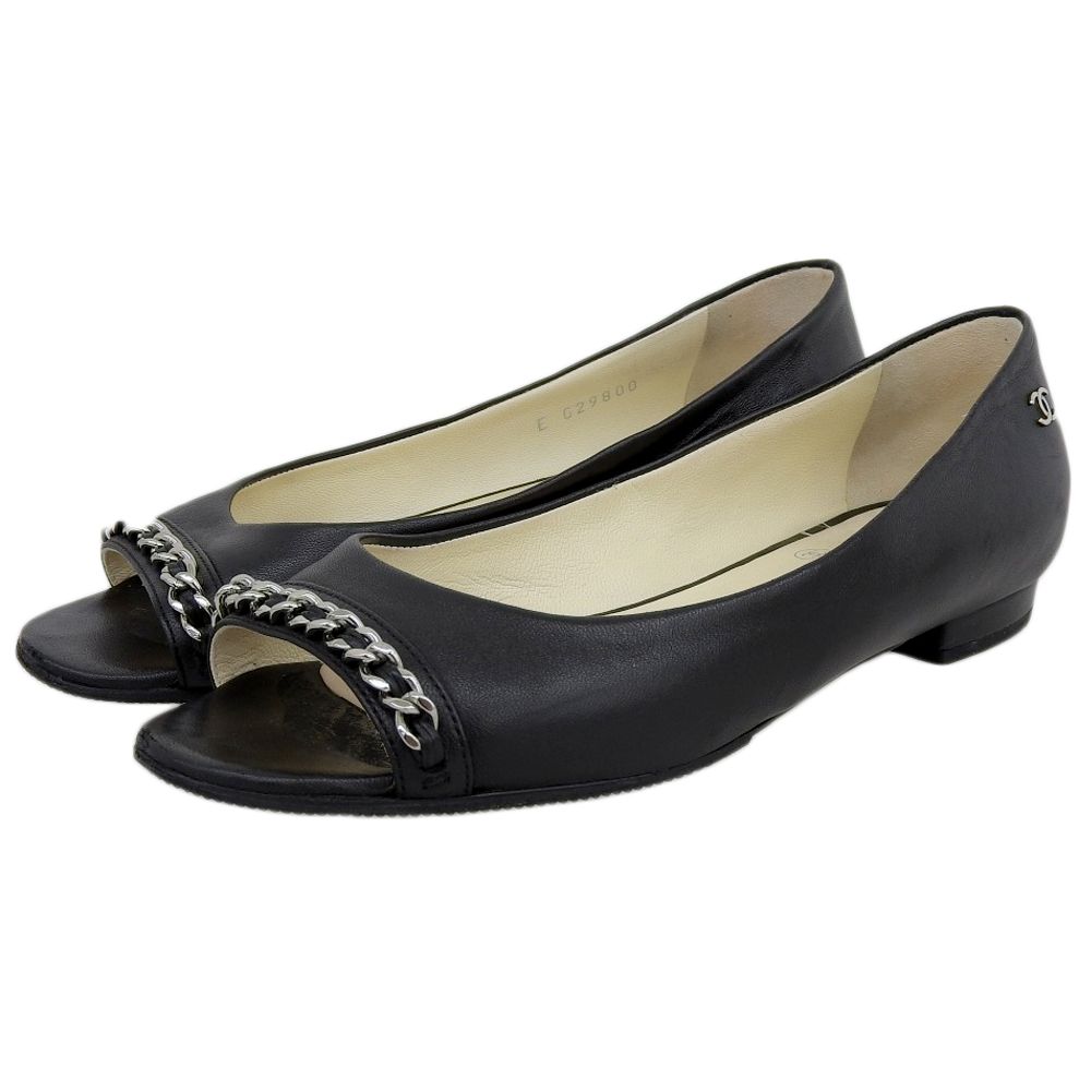 CHANEL シャネル ココマーク チェーンデザイン オープントゥレザーパンプス レディース ブラック×シルバー 36 C 14 P G 29800