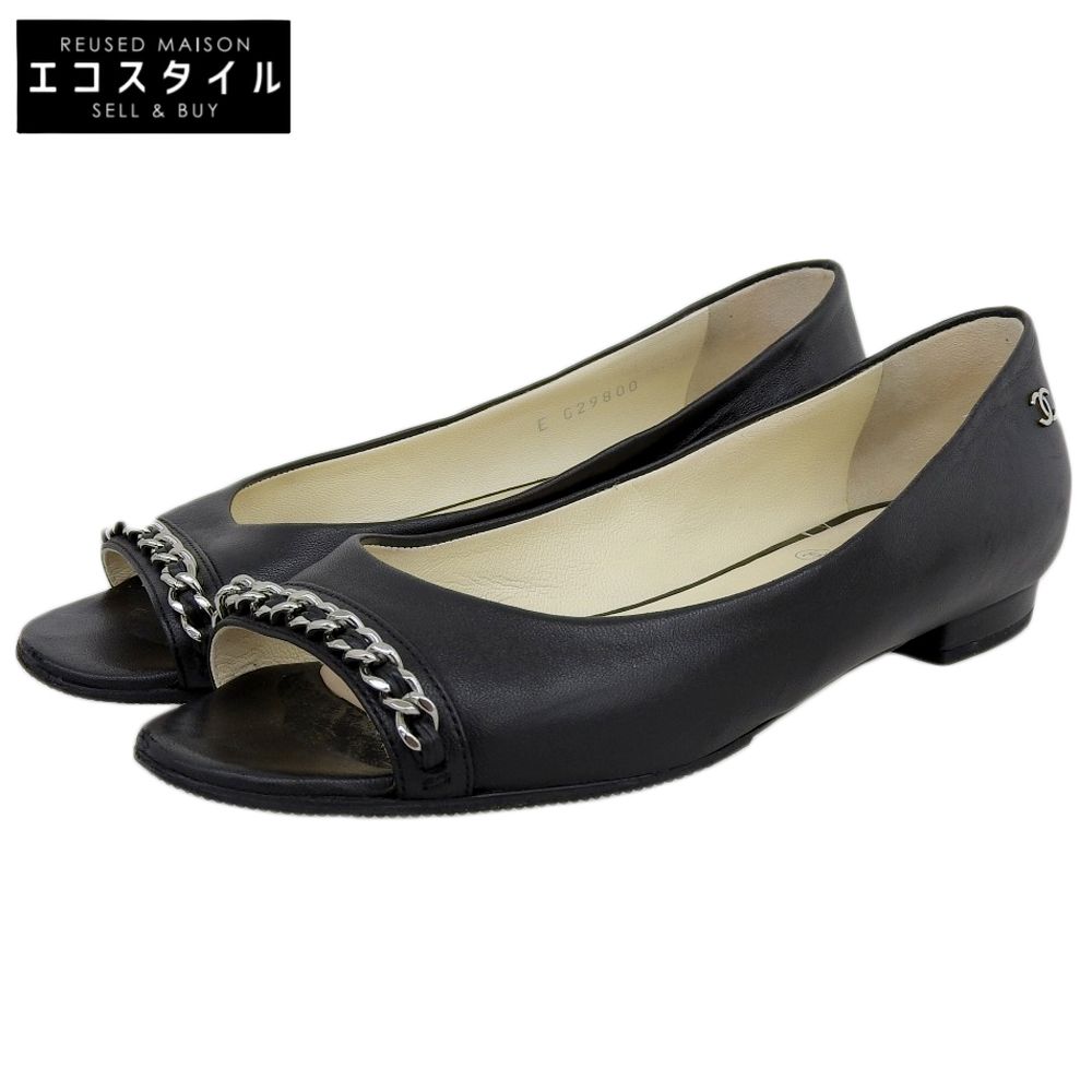 CHANEL シャネル ココマーク チェーンデザイン オープントゥレザーパンプス レディース ブラック シルバー 36 C 14 P G 29800