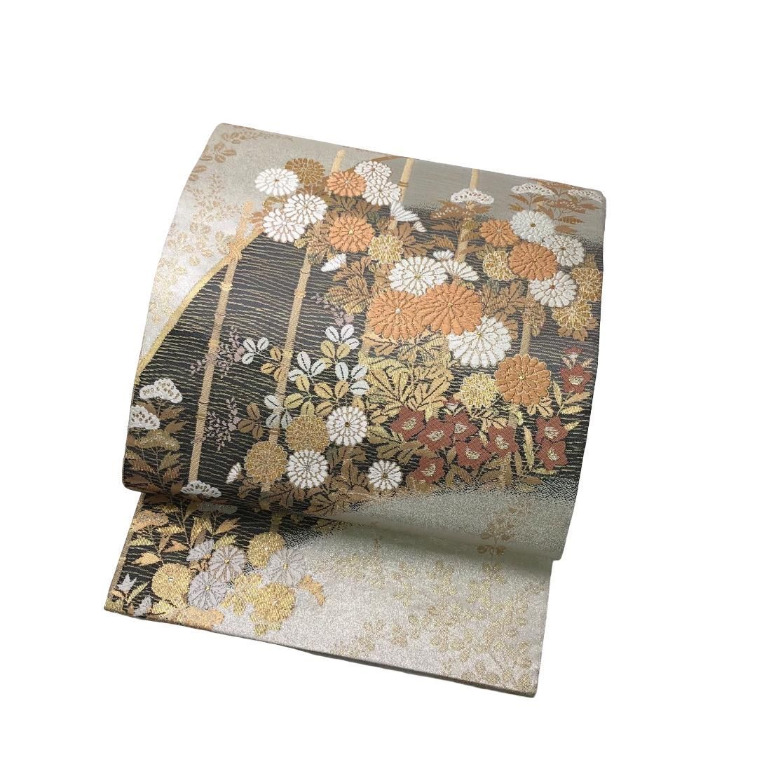 袋帯 竹垣に花模様 金銀糸 銀色 O-5832 - メルカリ