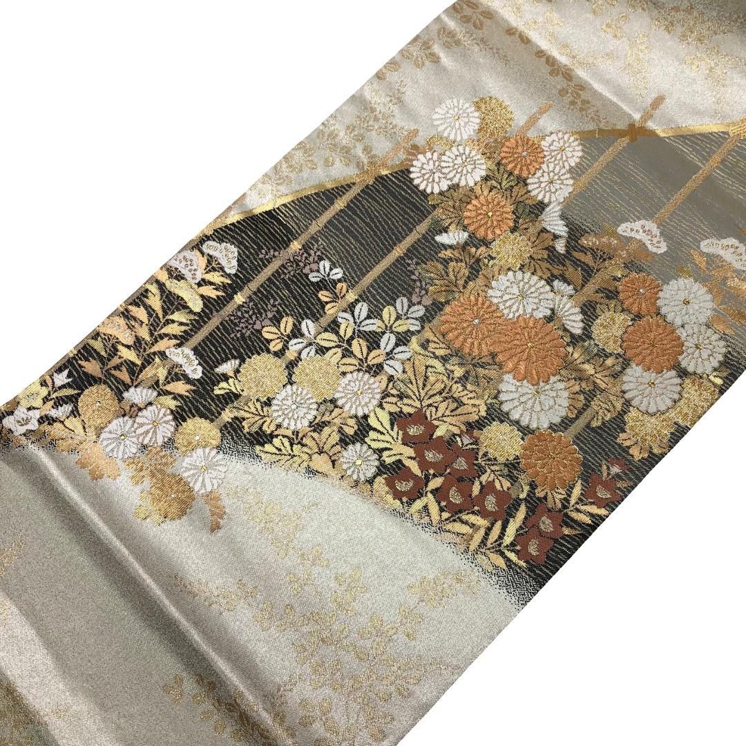 袋帯 竹垣に花模様 金銀糸 銀色 O-5832 - メルカリ