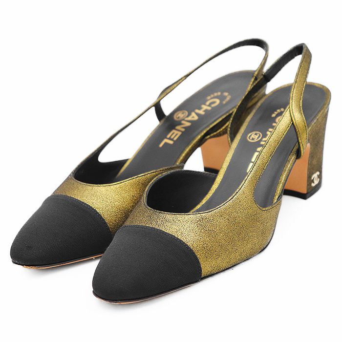 CHANEL シャネル スリングバックパンプス G 31318 メタリック ラメ レザー ＆ グログラン シグネチャー ロゴ COCOマーク チャーム バイ シューズ 靴 属 レディース サイズ 36.5 C ゴールド ブラック 金 黒 伊製