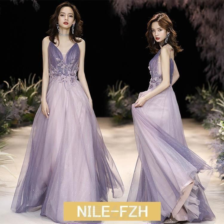 イブニングドレス パープル ロングドレス 発表会ドレス キャミドレス ウエスト花柄 キレイめ Vネック ノースリーブ 演奏会ドレス チュール パーティードレス イブニングドレス パープル ロングドレス 発表会ドレス キャミドレス