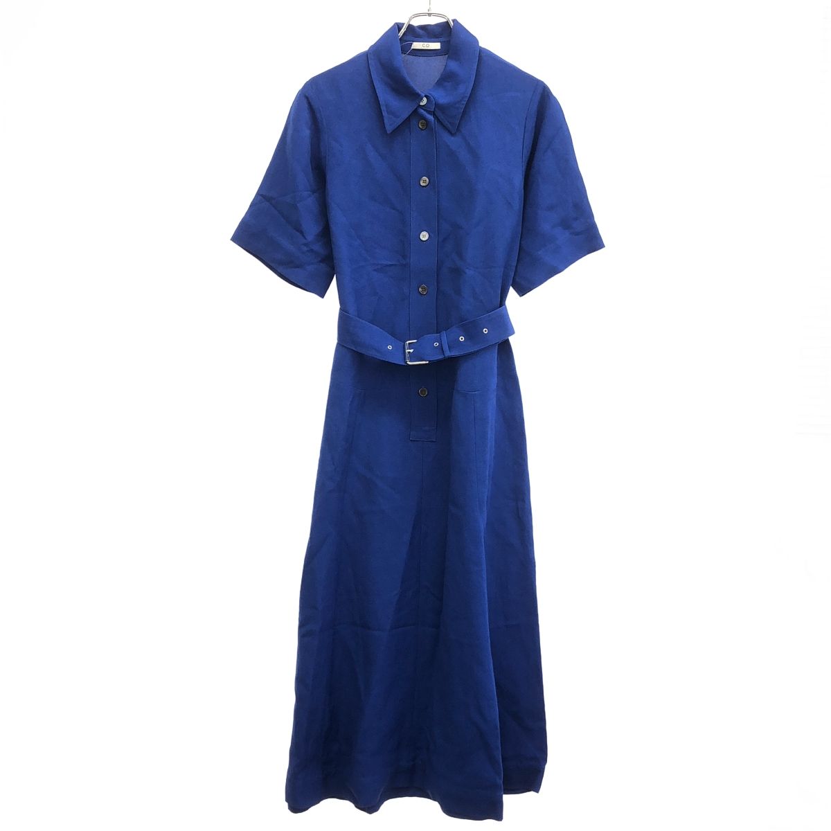 Co コー レーヨンリネン ベルテッドショートスリーブワンピース ブルー XS