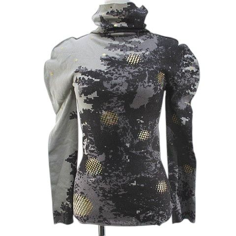 イッセイミヤケ ISSEY MIYAKE エイポック A.POC 長袖 カットソー M 灰系 グレー ハイネック プリント パフスリーブ ストレッチ