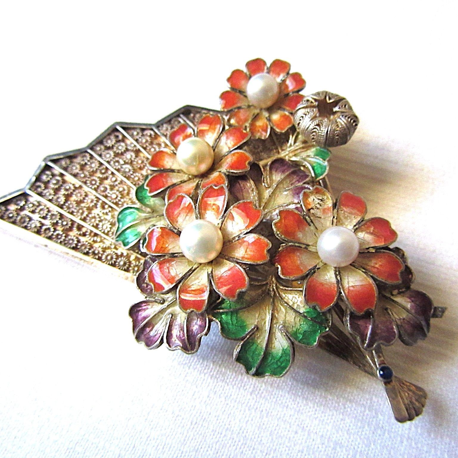 扇と菊 銀線七宝 帯留め アンティーク 骨董 帯留 着物 和装小物