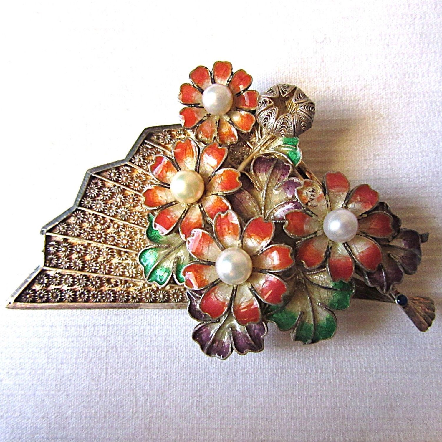 扇と菊 銀線七宝 帯留め アンティーク 骨董 帯留 着物 和装小物