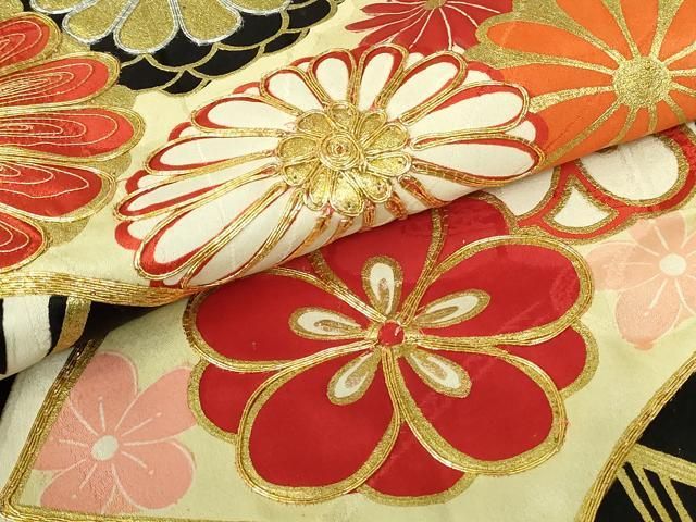 平和屋着物□豪華振袖 駒刺繍 扇面舞菊文 黒地 金彩 正絹 逸品