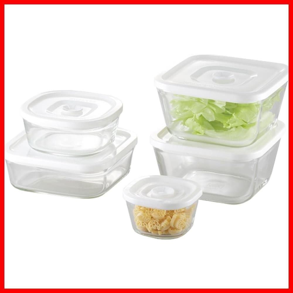 ホワイト 密閉容器 角型 耐熱ガラス 5点セット 密閉パック-レンジ iwaki イワキ PSC-MP-5 W 1