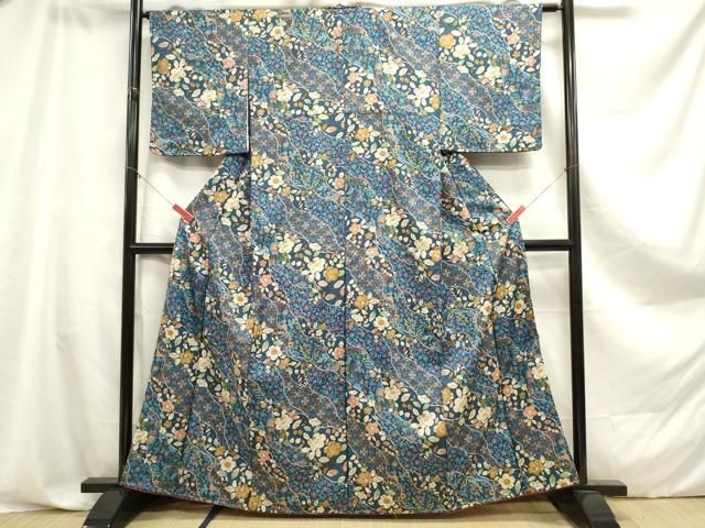 平和屋野田店□夏物 小紋 絽 吉祥文 黒地 洗える着物 BAAF1391xi