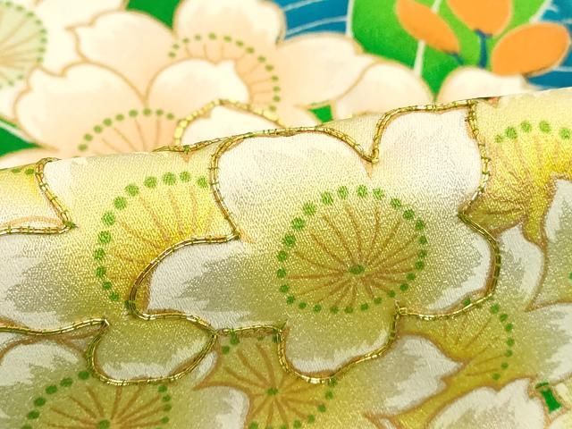 平和屋着物○豪華振袖 駒刺繍 絞り 群れ鶴御所車風景花文 金彩 正絹