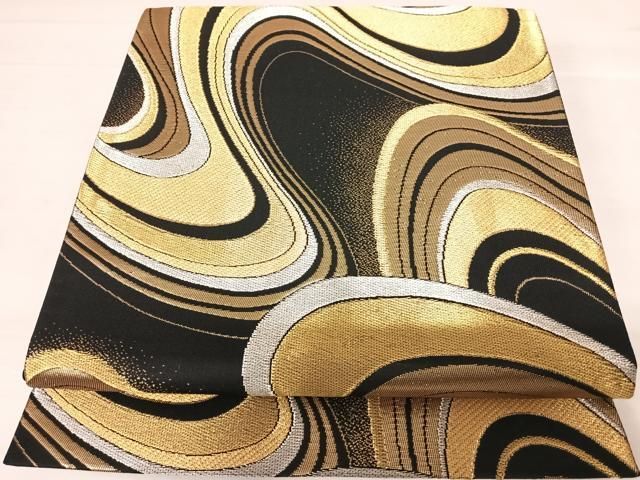 平和屋着物◎六通柄袋帯 流水文 黒地 金銀糸 正絹 逸品 AABD3678yx