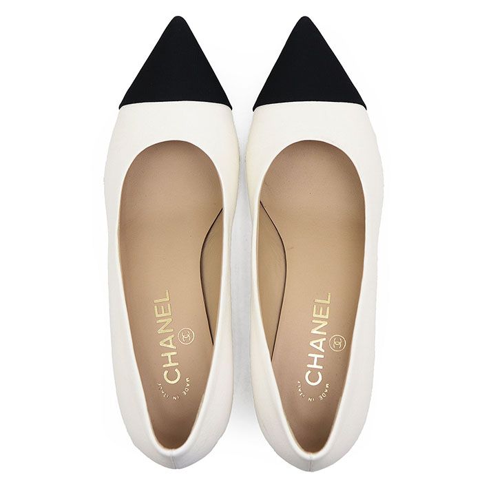  CHANEL シャネル パンプス G 33274 COCOマーク ロゴ ステッチ スムースレザー ポインテドトゥ バイ レザー シューズ 靴 袋付属 レディース サイズ 38.5 C ホワイト ブラック 白 黒 イタリア製 その他 靴