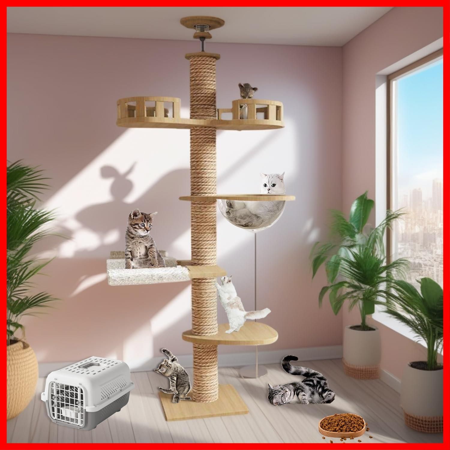 商品 コットン紐 スリム 木登り 多頭飼い 大型猫 キャットツリー シニア 据え置き 11 cm太い支柱 猫タワー 木製 中型 猫キャットタワー おしゃれ コンパクト 突っ張り 省スベース 宇宙船 隠れ家 キャットタワー 爪とぎ 安定 高さ240 2
