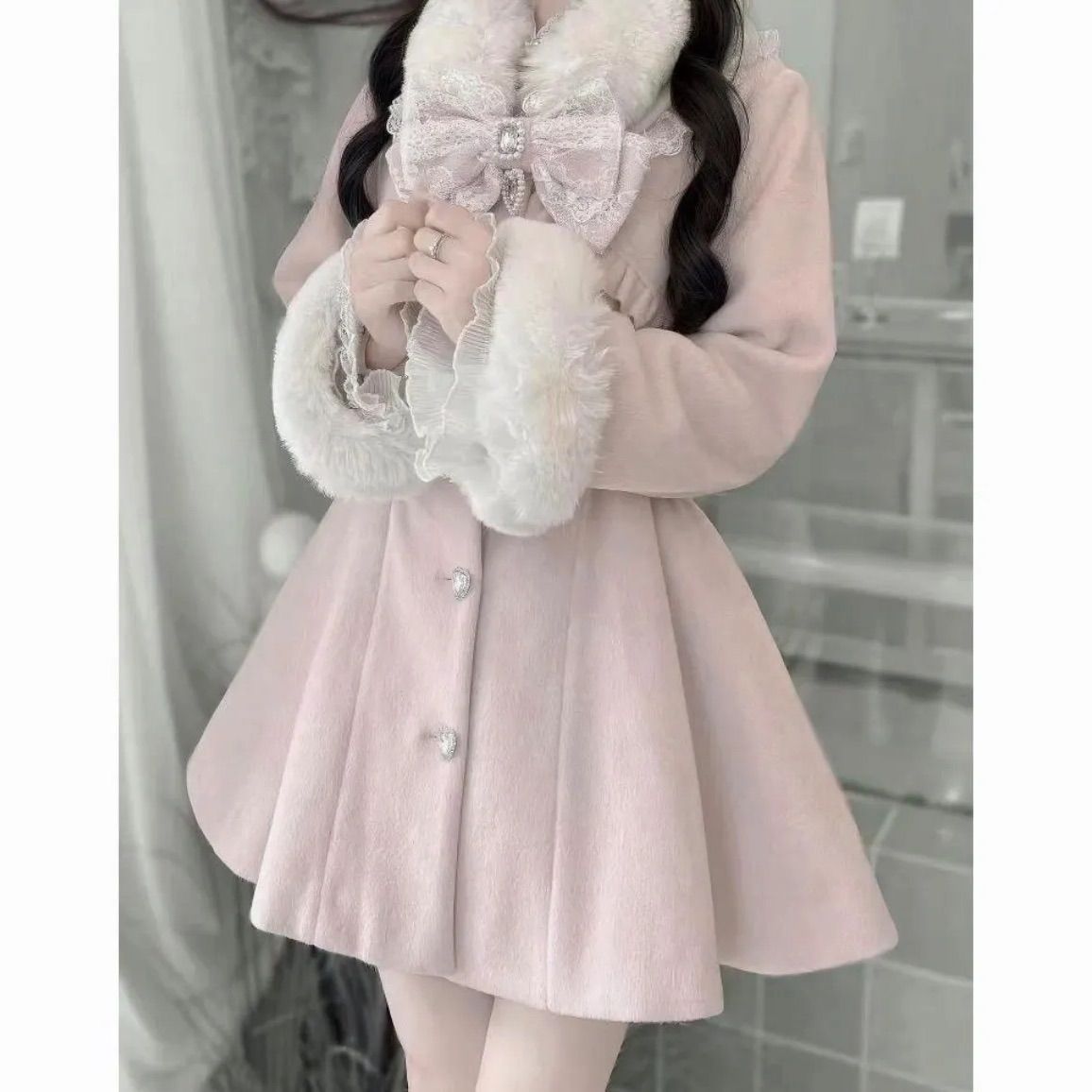 レースビッグリボン×ふわもこファーコート 地雷系 コート ワンピース