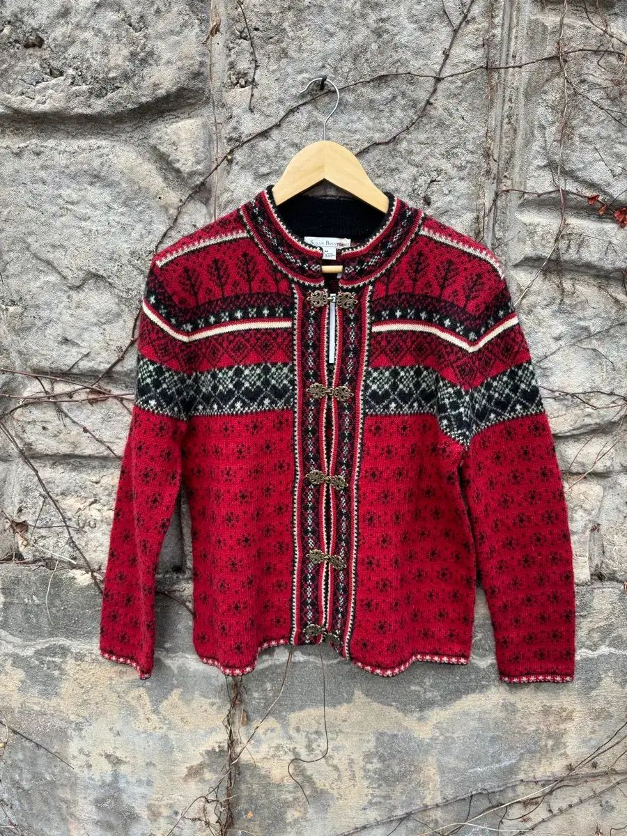 スーザン ブリストル ヴィンテージ ノルディック パータン フック ウール ニット カーディガン レッド m