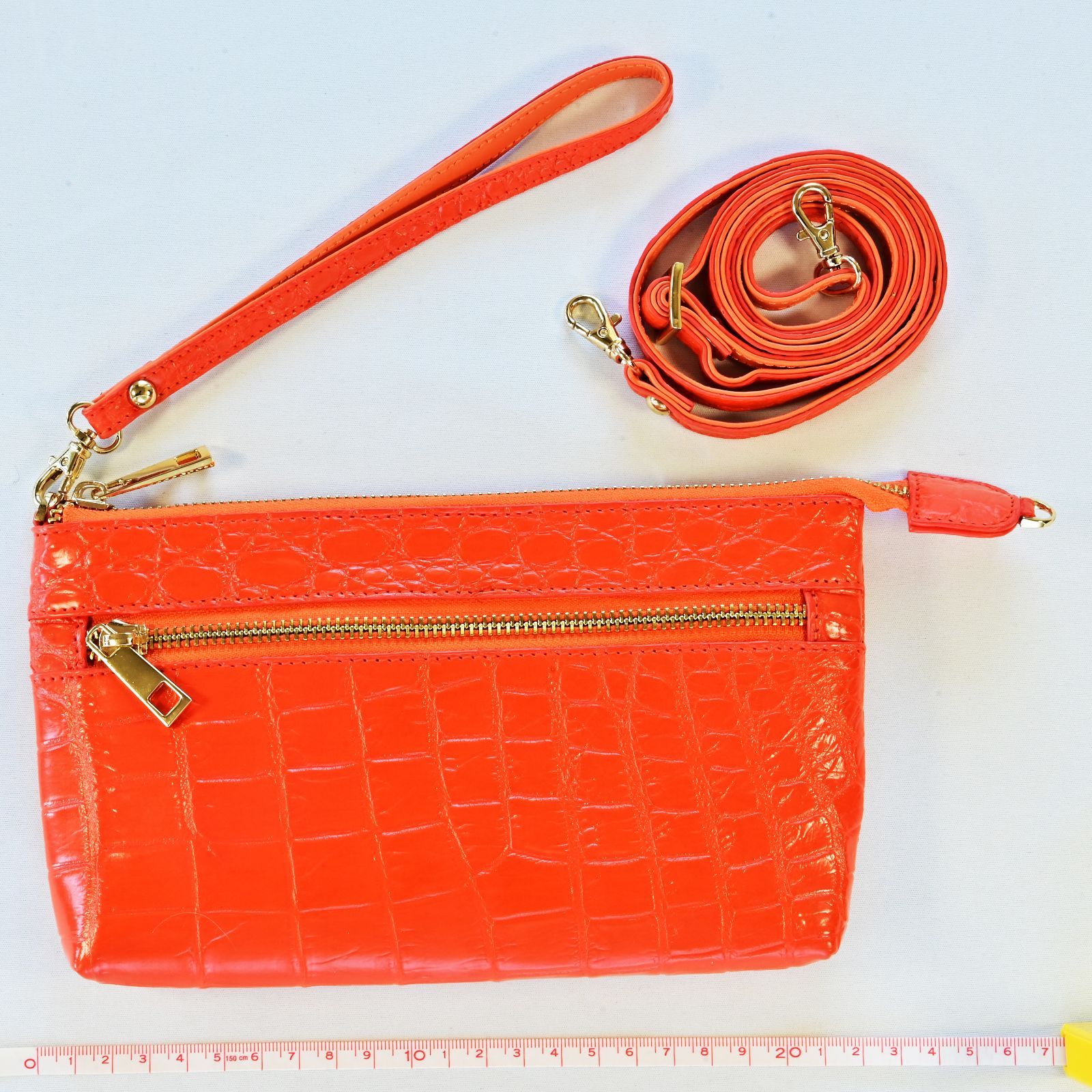 リアルクロコダイル 革クラッチバッグ 鮮やかオレンジ リストストラップ付き
