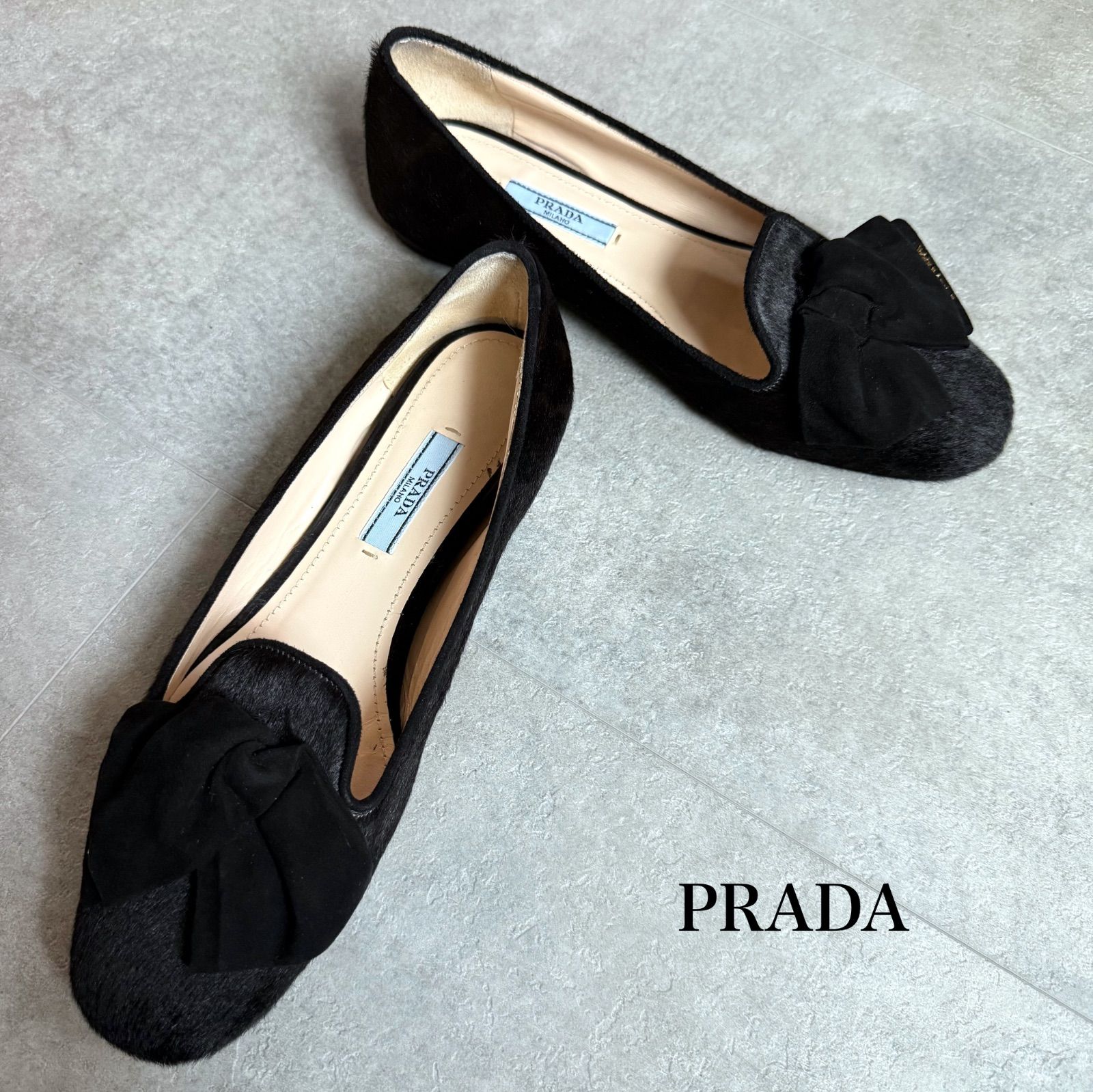 PRADA プラダ ハラコ ロゴリボン フラットシューズ ローファー ブラック 黒 ゴールド金具 37 レディースシューズ 24 cm