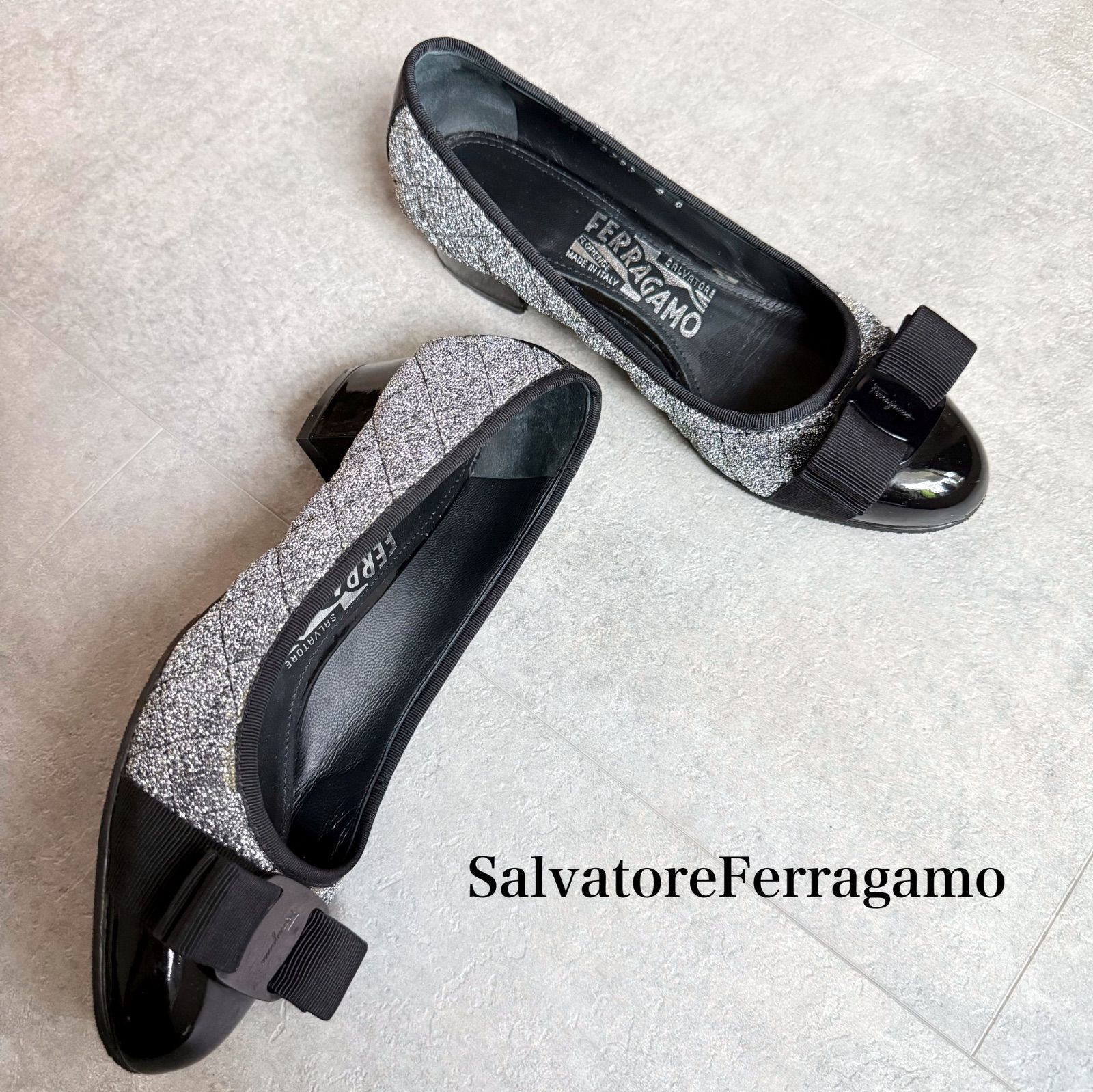 SalvatoreFerragamo ヴァラリボン キルティングパンプス 黒 SalvatoreFerragamo サルヴァトーレフェラガモ ヴァラリボン