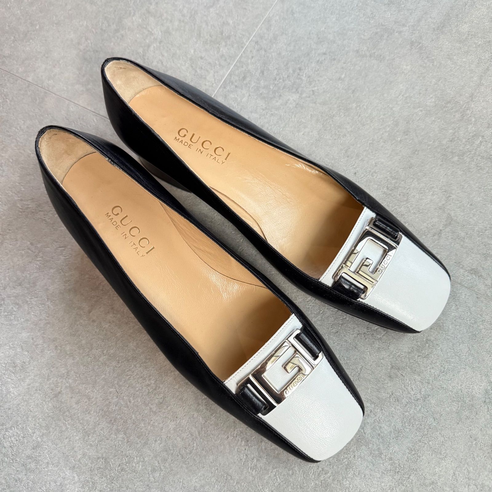 美品 GUCCI グッチ ロゴ G金具 バイカラー パンプス レザー ブラック