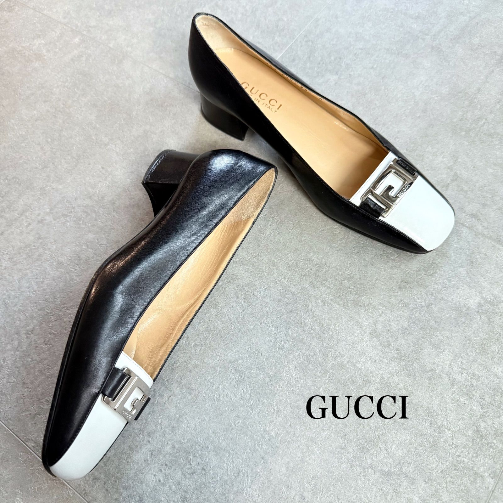 美品 GUCCI グッチ ロゴ G金具 バイカラー パンプス レザー ブラック