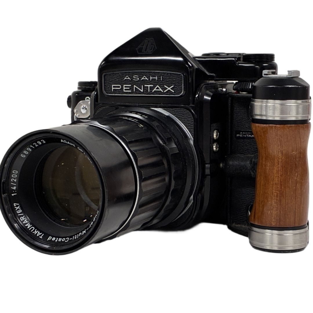 ASAHI PENTAX ペンタックス super-multi-coated Takumar F 4 200 mm 中判 カメラ 木製グリップ ボディ レンズ セット