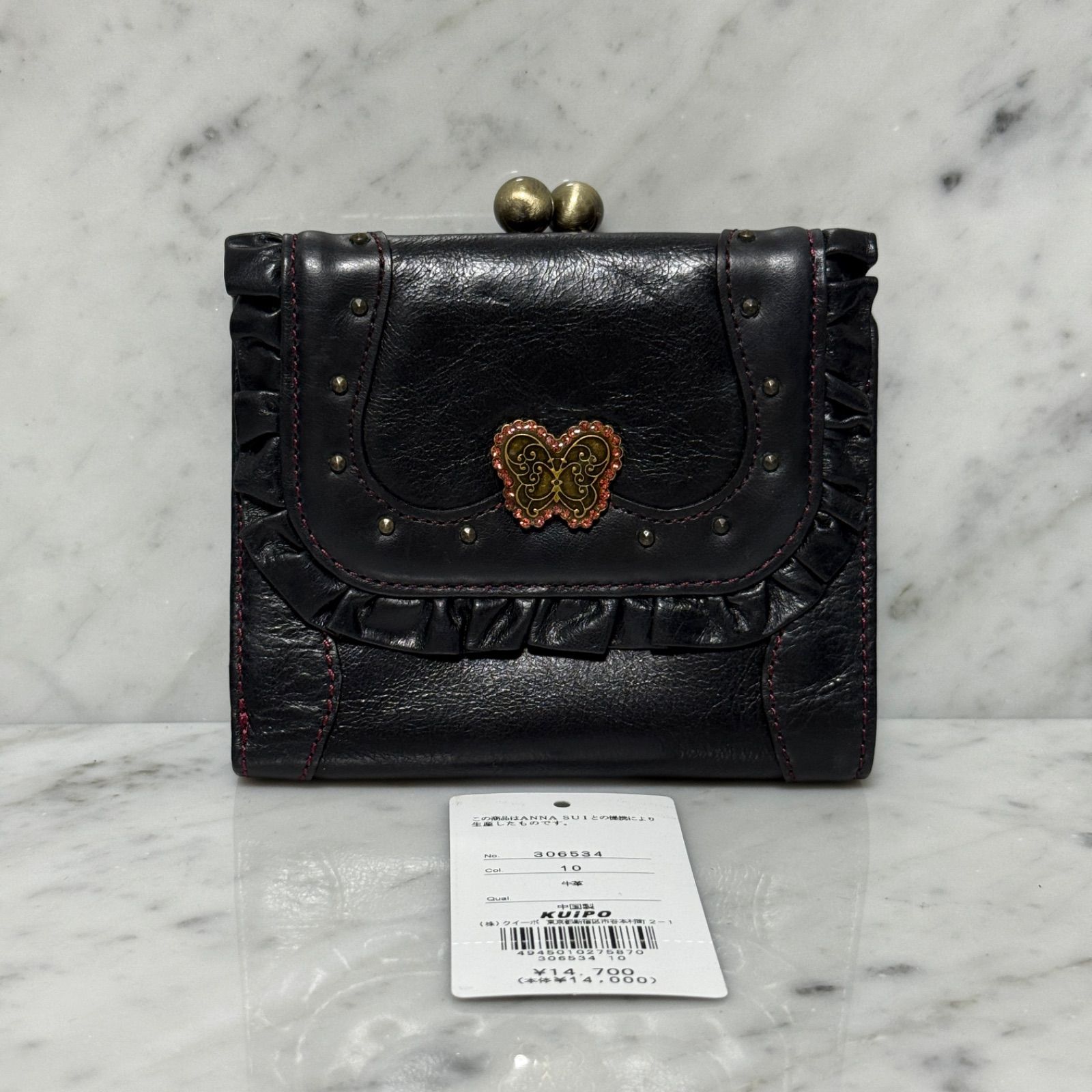 ANNA SUI アナスイ 二つ折り財布 ブラック 黒 本革 レザー がま口財布