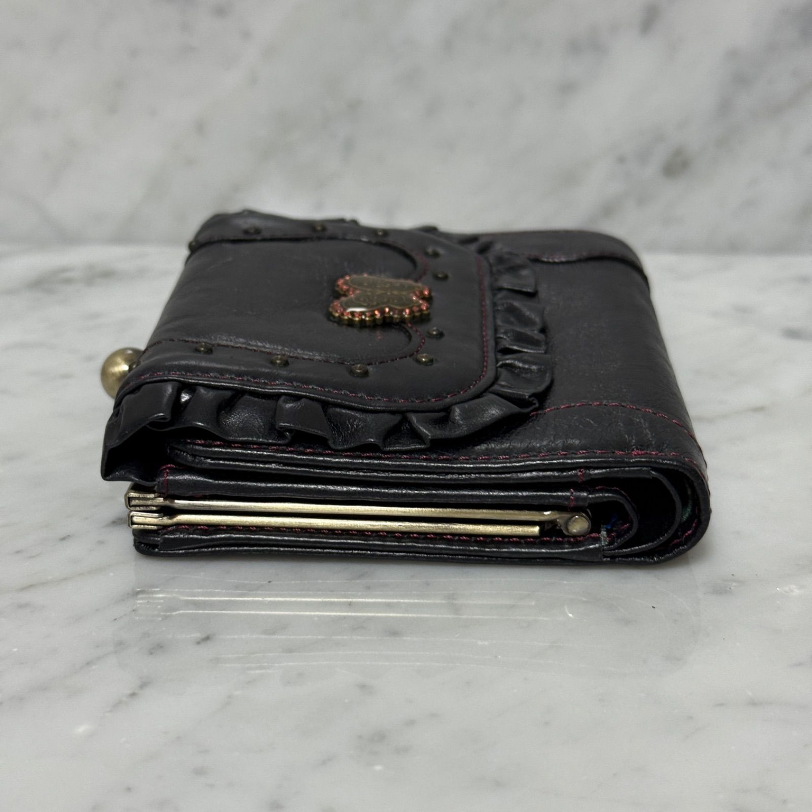 ANNA SUI アナスイ 二つ折り財布 ブラック 黒 本革 レザー がま口財布