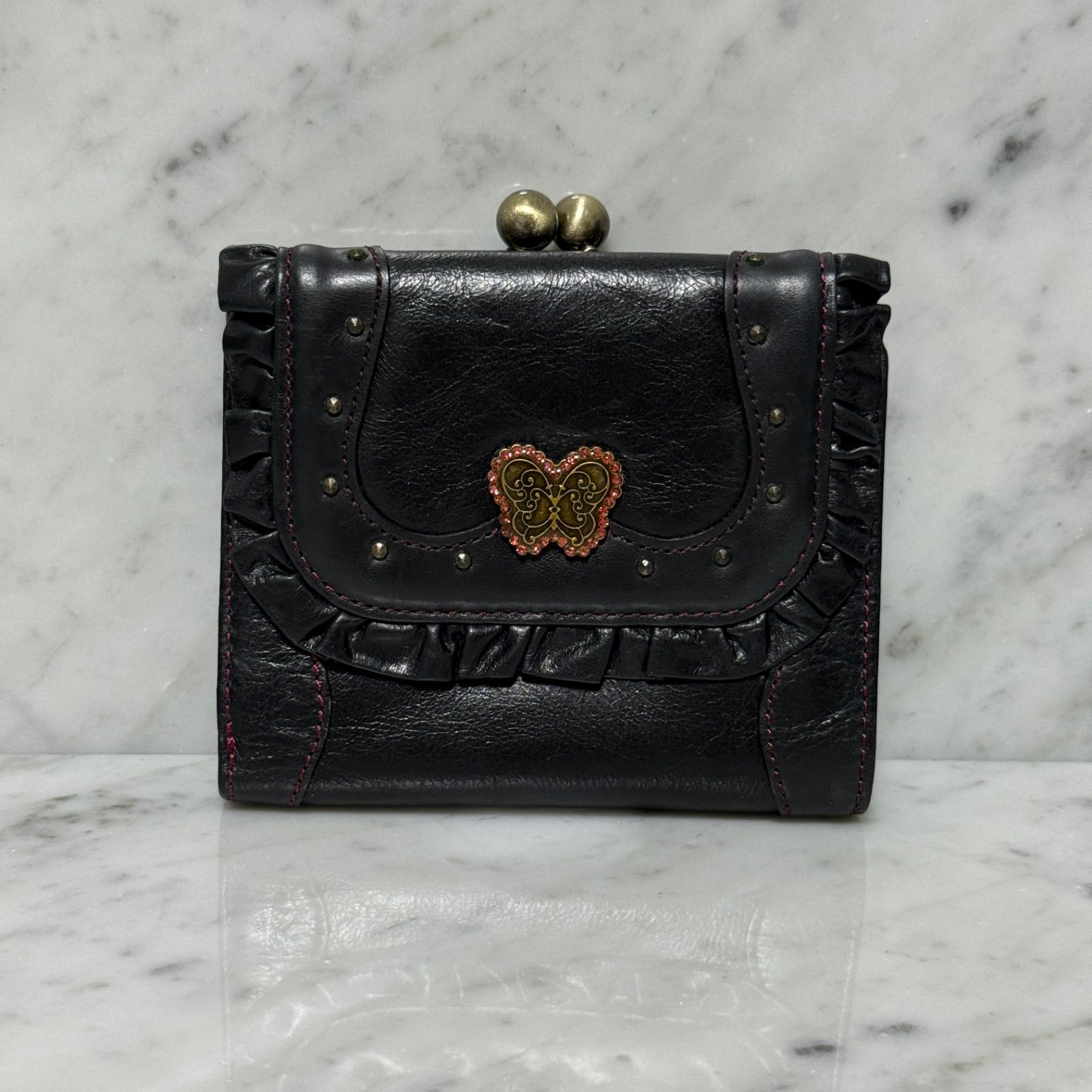 ANNA SUI アナスイ 二つ折り財布 ブラック 黒 本革 レザー がま口財布