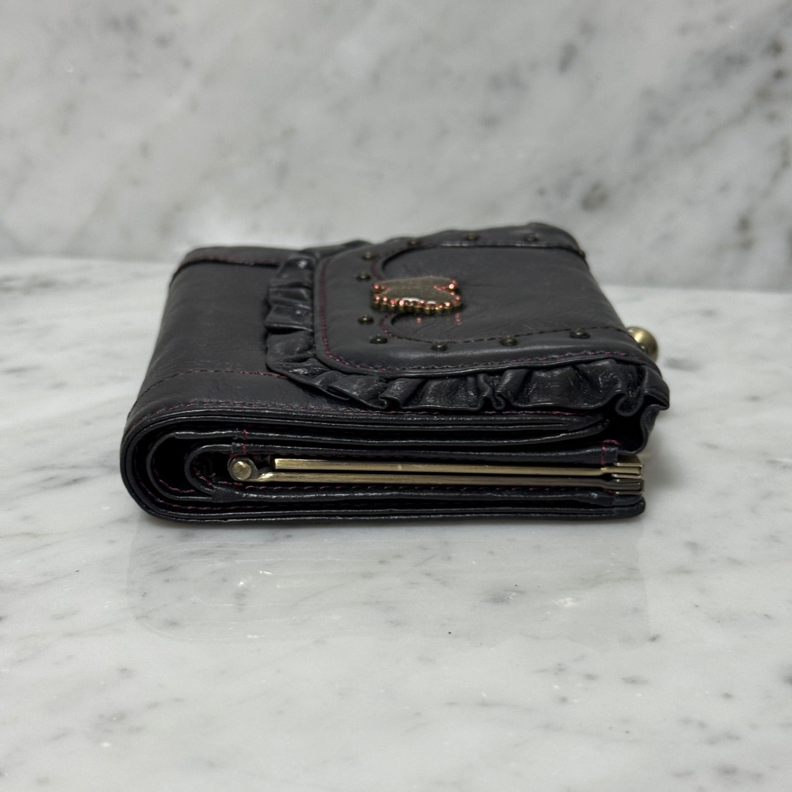 ANNA SUI アナスイ 二つ折り財布 ブラック 黒 本革 レザー がま口財布