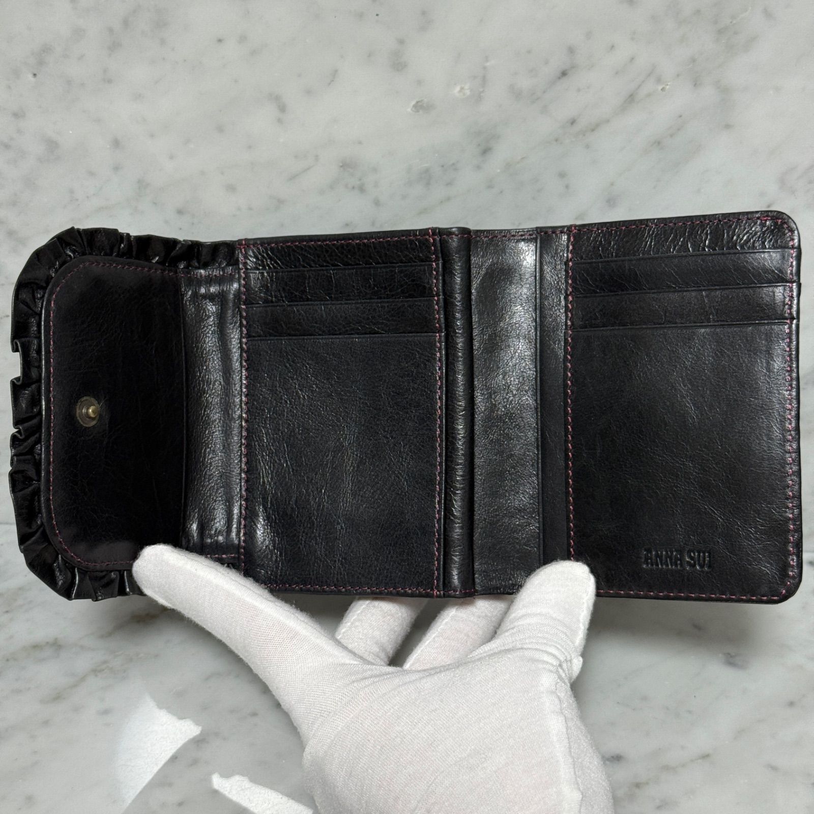 ANNA SUI アナスイ 二つ折り財布 ブラック 黒 本革 レザー がま口財布