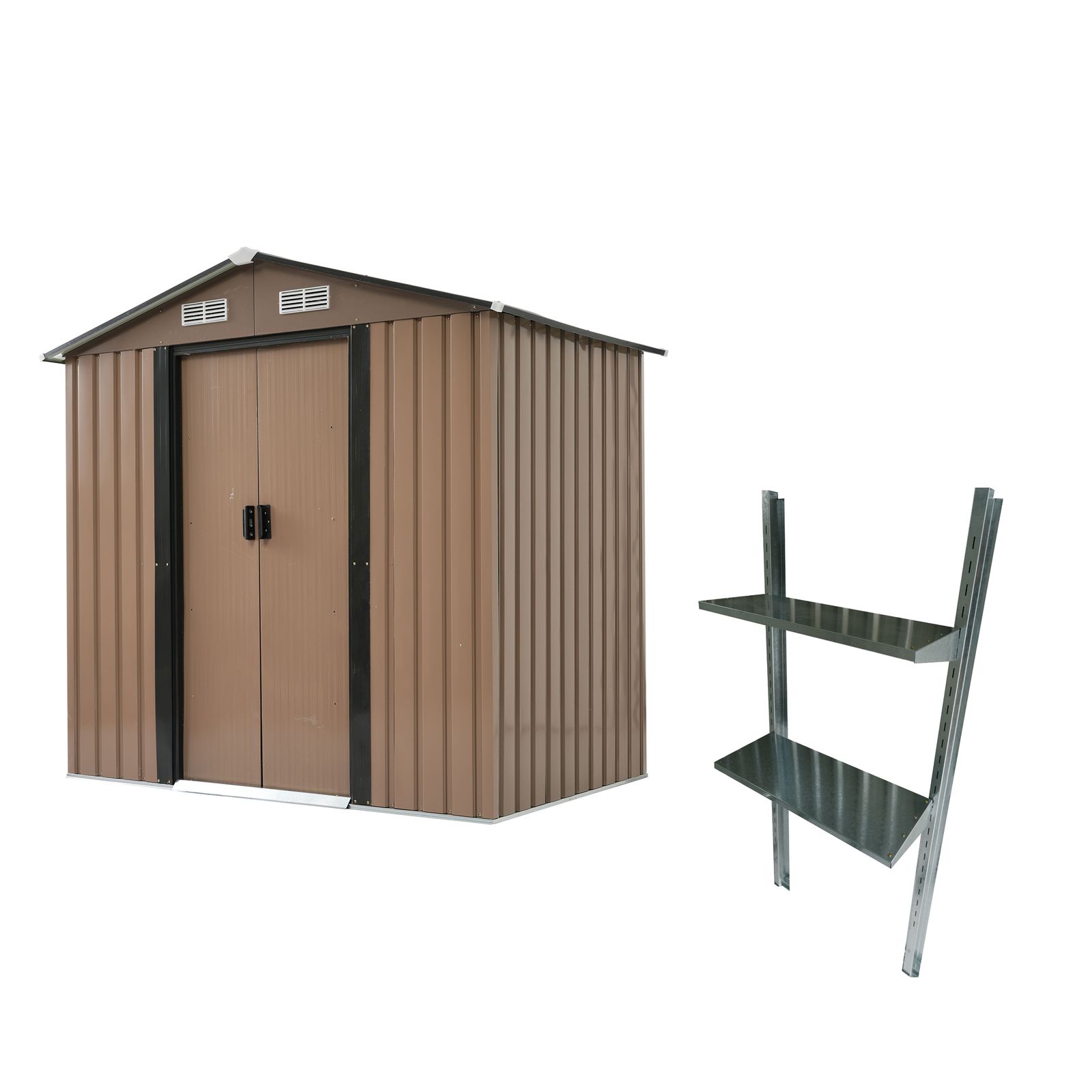 数量 物置 スチール 可動棚付き 大型 屋外収納庫 幅184 奥行132 高196 cm 防水 防錆 引戸 ロック付き ブラウン