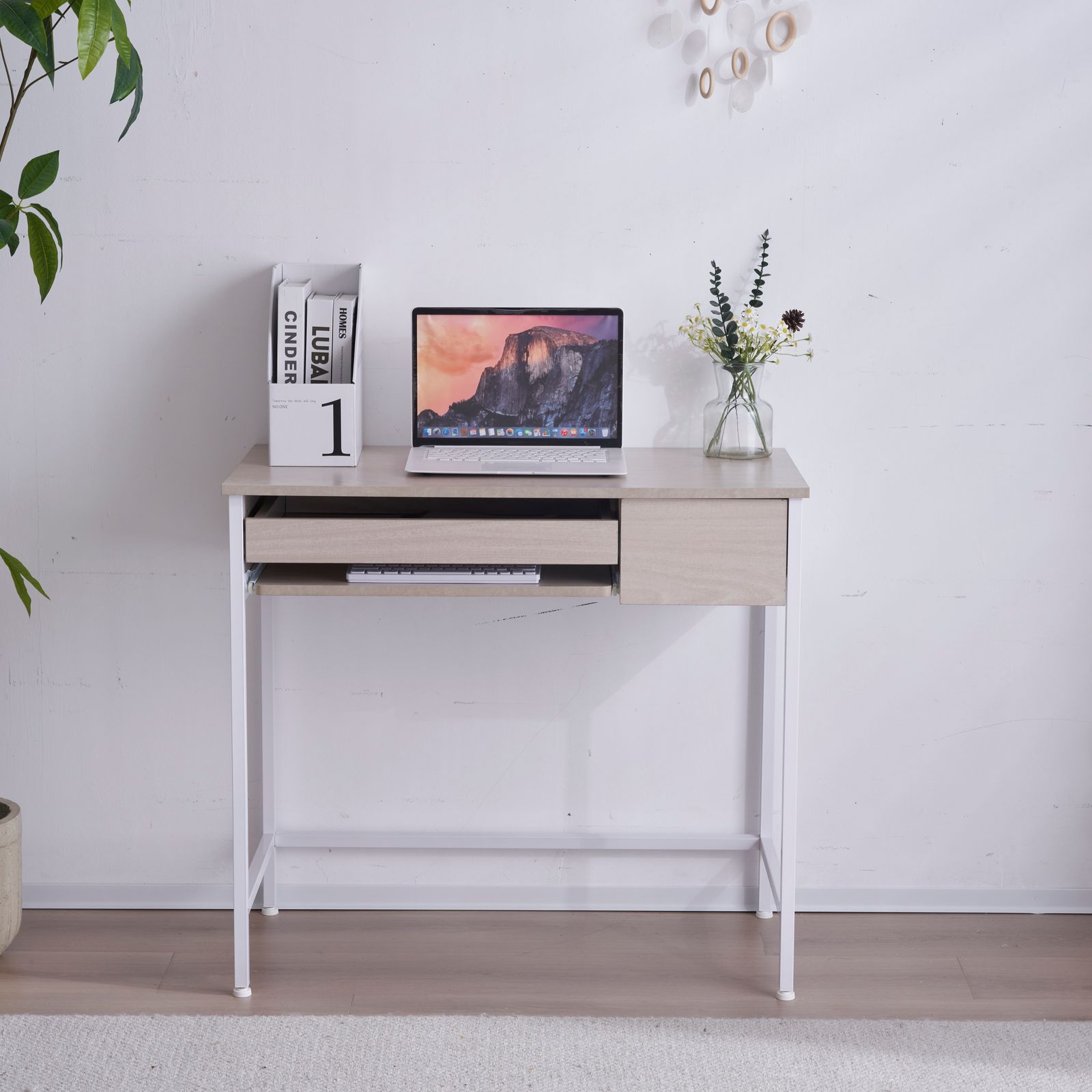 数量限定セール」新品 木目調ホワイト パソコンデスク 引き出し付き