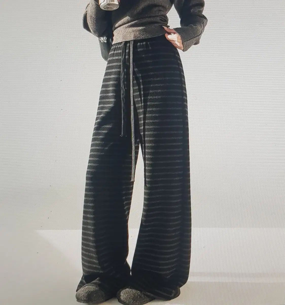 海外配送 ボーダー柄 ワイド バンディング 起毛 パンツ