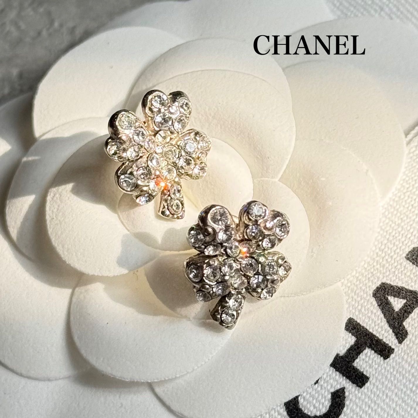美品 CHANEL シャネル クローバー ストーン ピアス 両耳